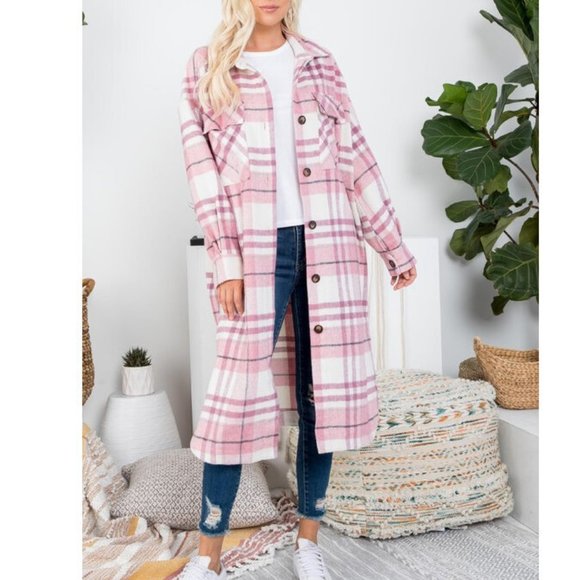 Pink Plaid Long Flannel Shirt Jacket Shacket Coat - Picture 7 of 8